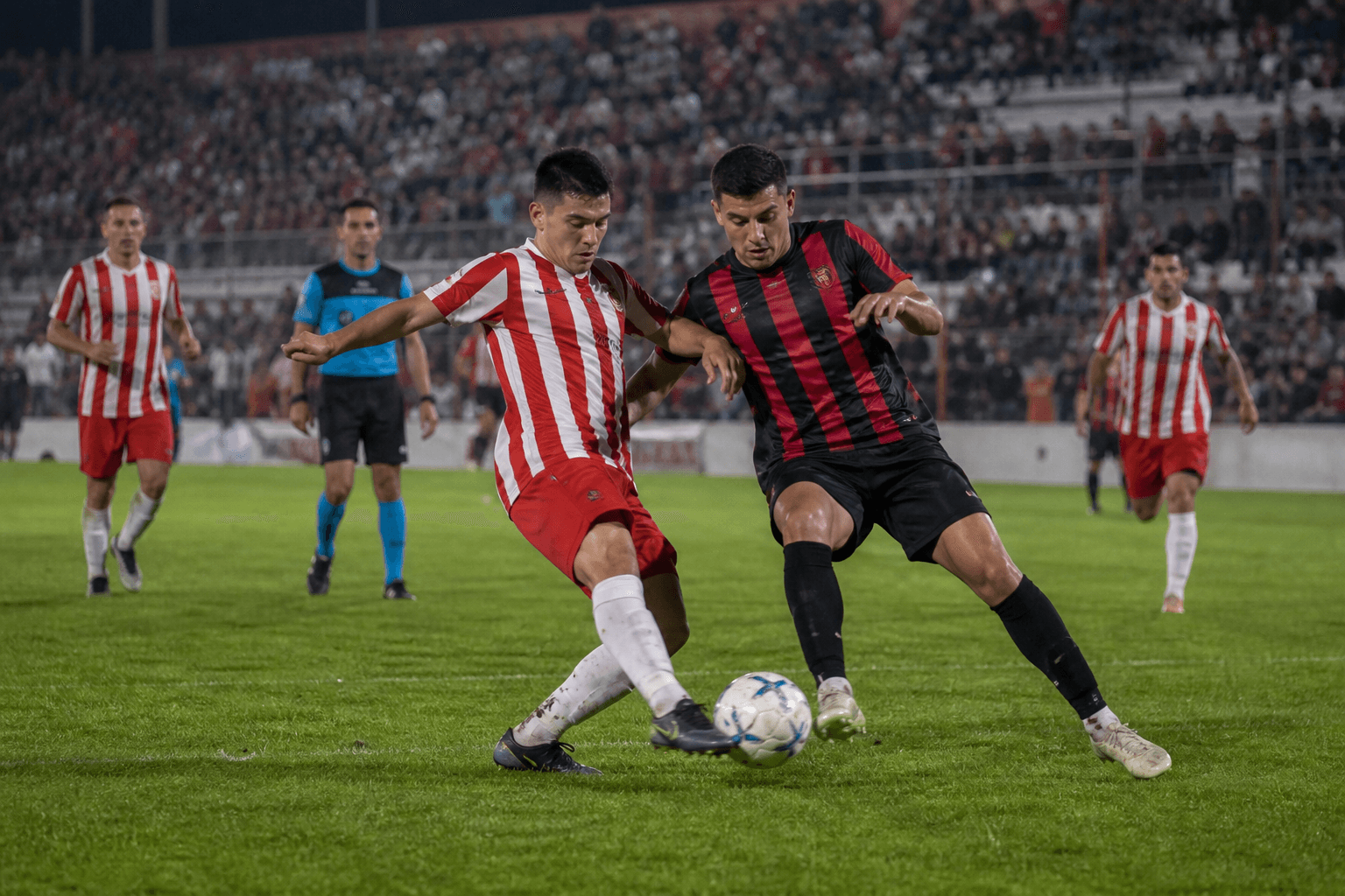 Dos futbolistas disputan la pelota durante un partido nocturno
