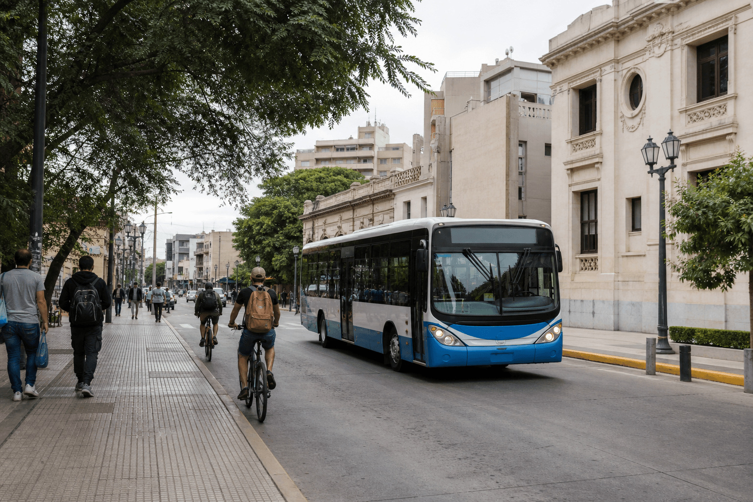 Colectivo y ciclistas circulan por el centro de Santa Fe